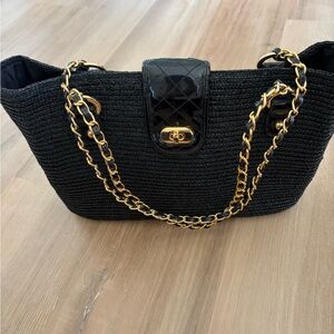 Talbots Black Straw Shoulder Bag with Gold and Leather Chain